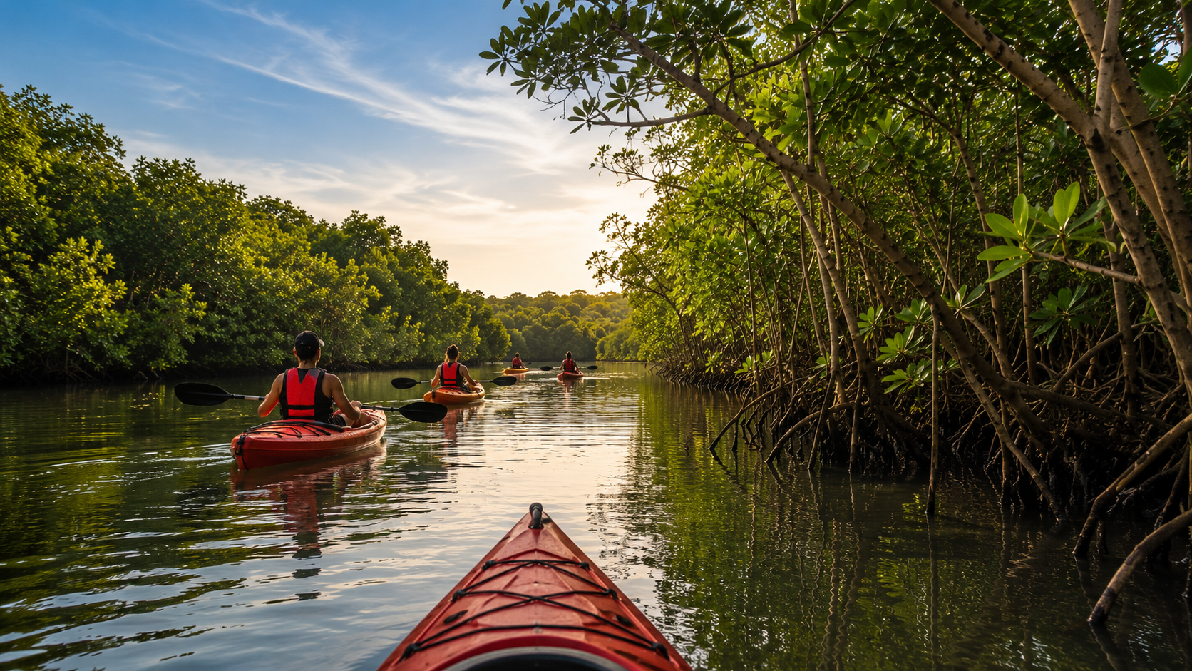 Kayakers gliding through Rathgama Lagoon at dawn